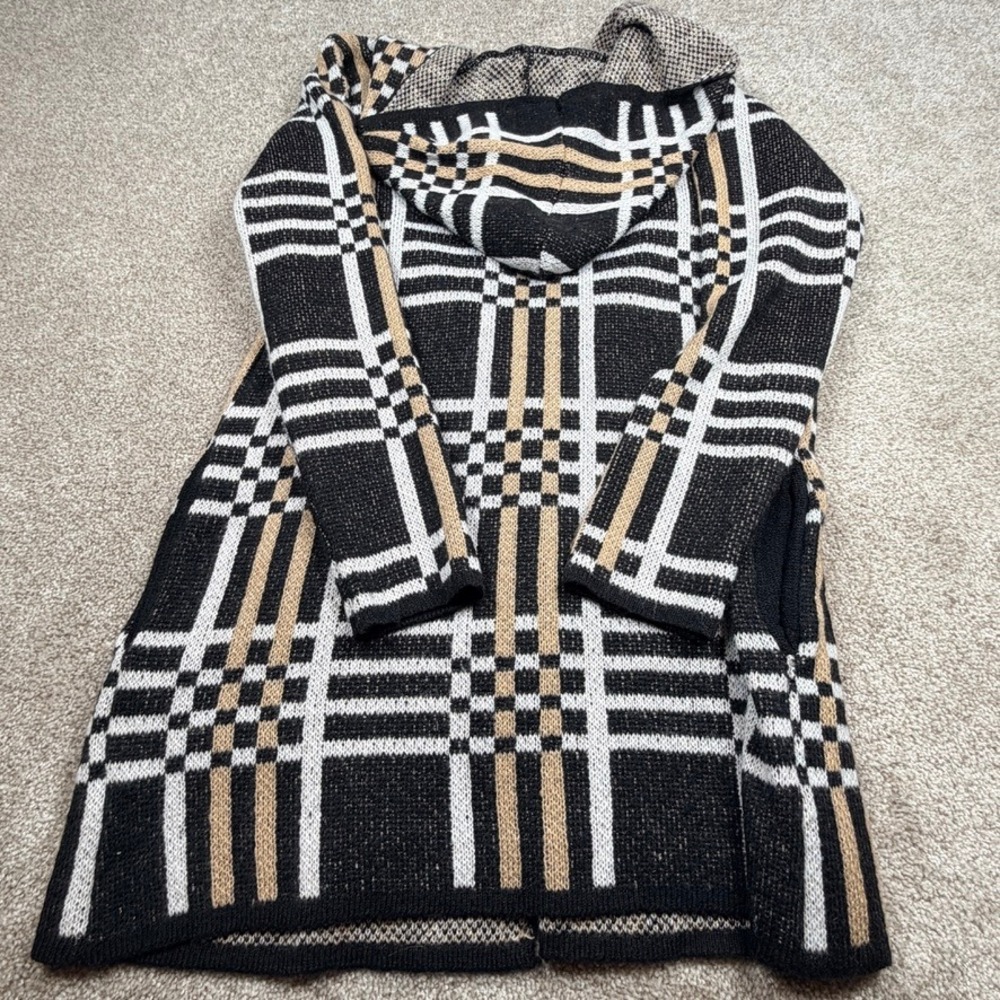 Love Ever After Womens Plaid Hooded Open Front Cardigan Black Tan White Small - Picture 2 of 7